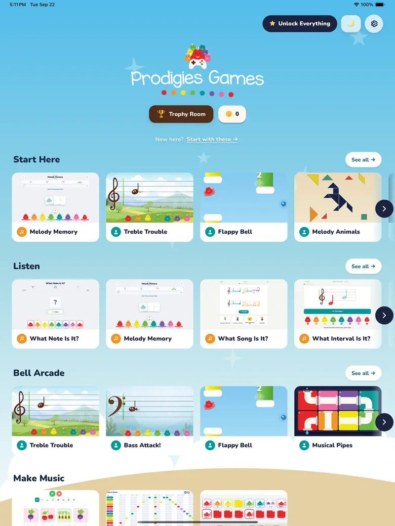 The Prodigies Games arcade home screen
