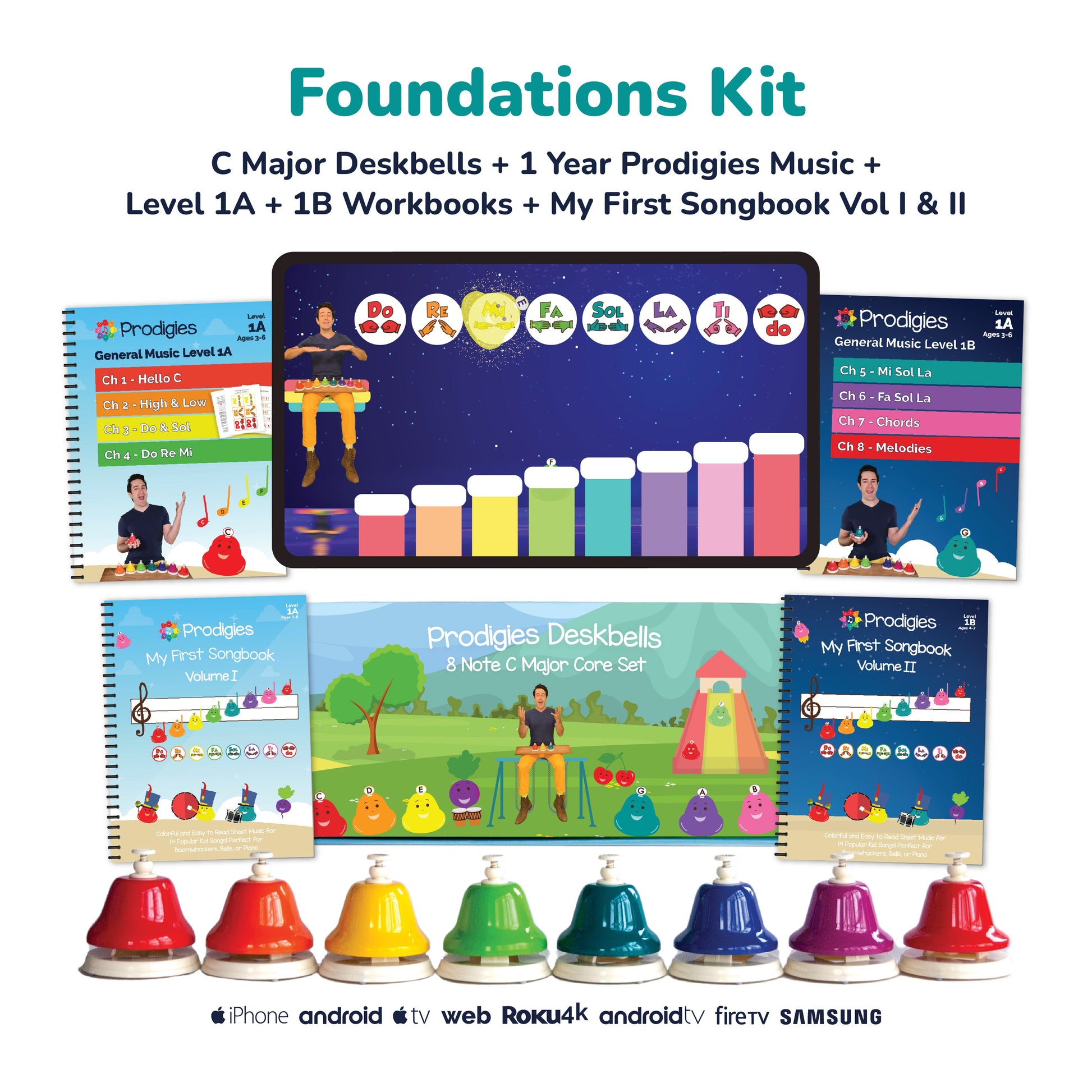 Prodigies Foundations Kit 2026 — C Major Deskbells, 1-Year Prodigies Music membership, Level 1A & 1B Workbooks, and My First Songbook Volumes I & II