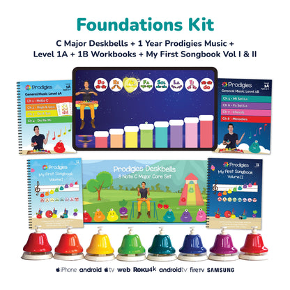 Prodigies Foundations Kit 2026 — C Major Deskbells, 1-Year Prodigies Music membership, Level 1A & 1B Workbooks, and My First Songbook Volumes I & II