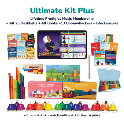 Prodigies Ultimate Kit Plus 2026 — Lifetime membership, all 20 Deskbells, every songbook, 13 Boomwhackers and chromatic glockenspiel