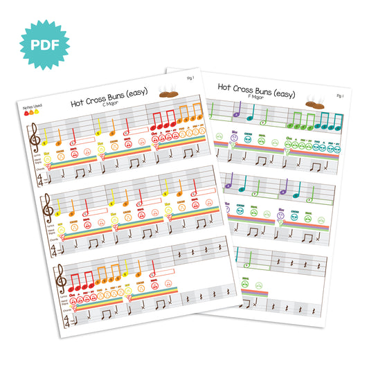 Hot Cross Buns 3 Note Melodies - C, F & G Major Sheet Music